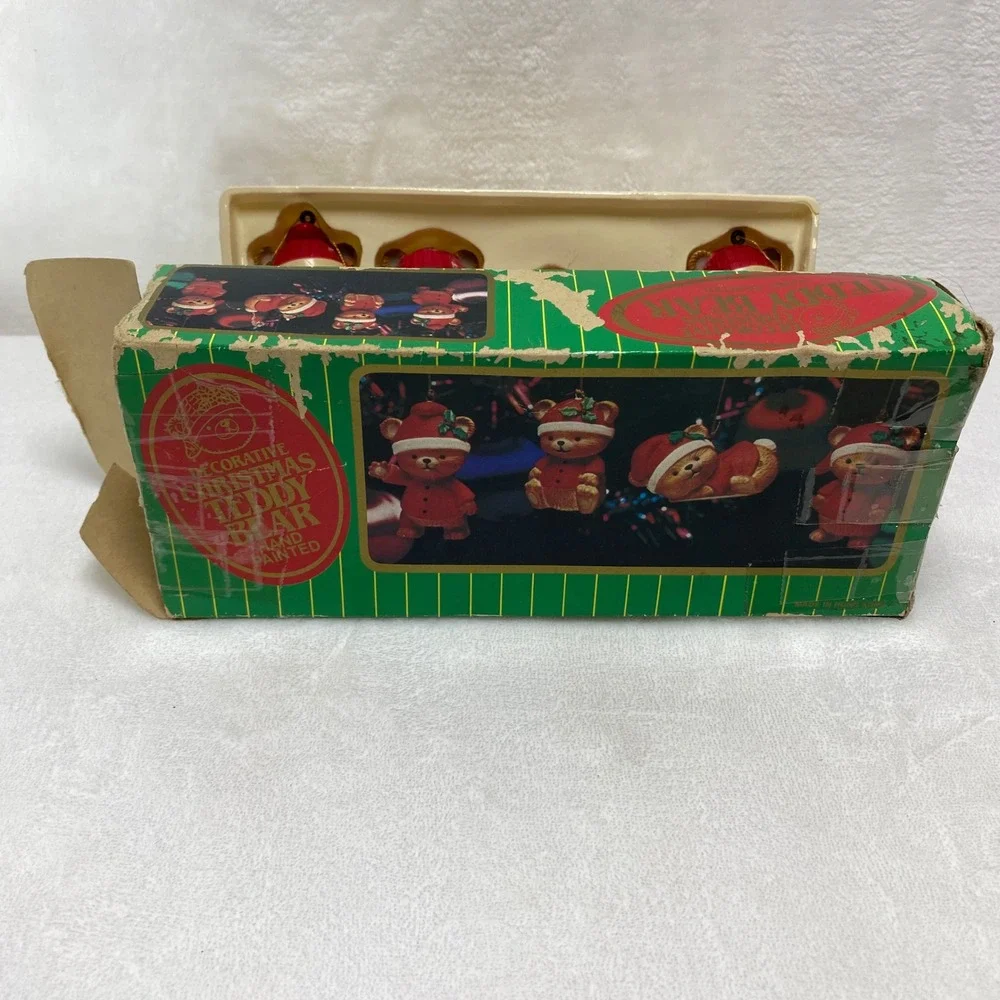 VTG Dept 56 Set of 4 Christmas Teddy Bear Hand Painted Ornaments Santa‎